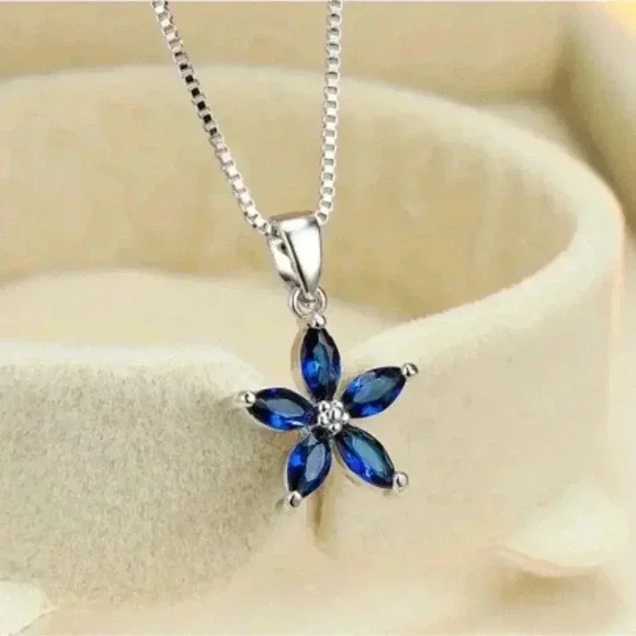 Sterling Silver 925 Blue Sapphire Flower Pendant Necklace - Picture 5 of 5